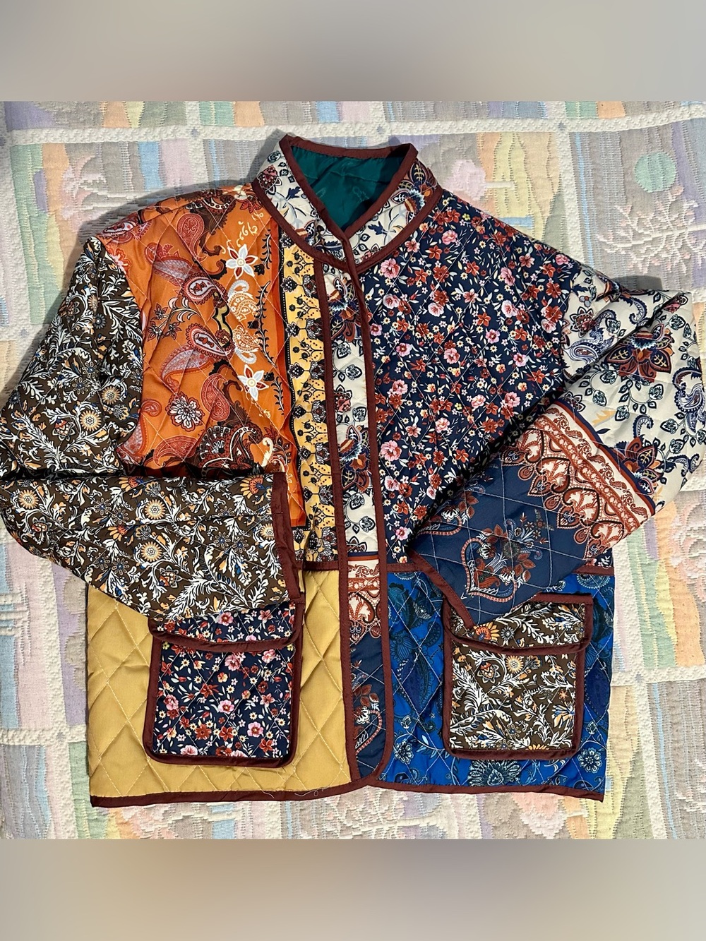 Patchwork Quilted Jacket in Navy, Orange, Mustard & Brown